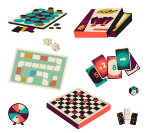 images of board games checkers cards dice dominos and a spinner