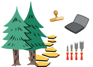 trees with path stamp pad stamp and carving tools for letterboxing