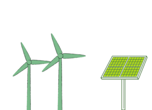 two green wind turbines and a green solar panel