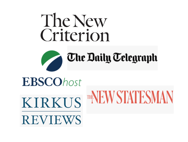 Image of different databases and publications that contain reviews including: "the New Criterion", "The Daily telegraph", "EBSCOhost", "Kirkus Review', and "The New Statesman".