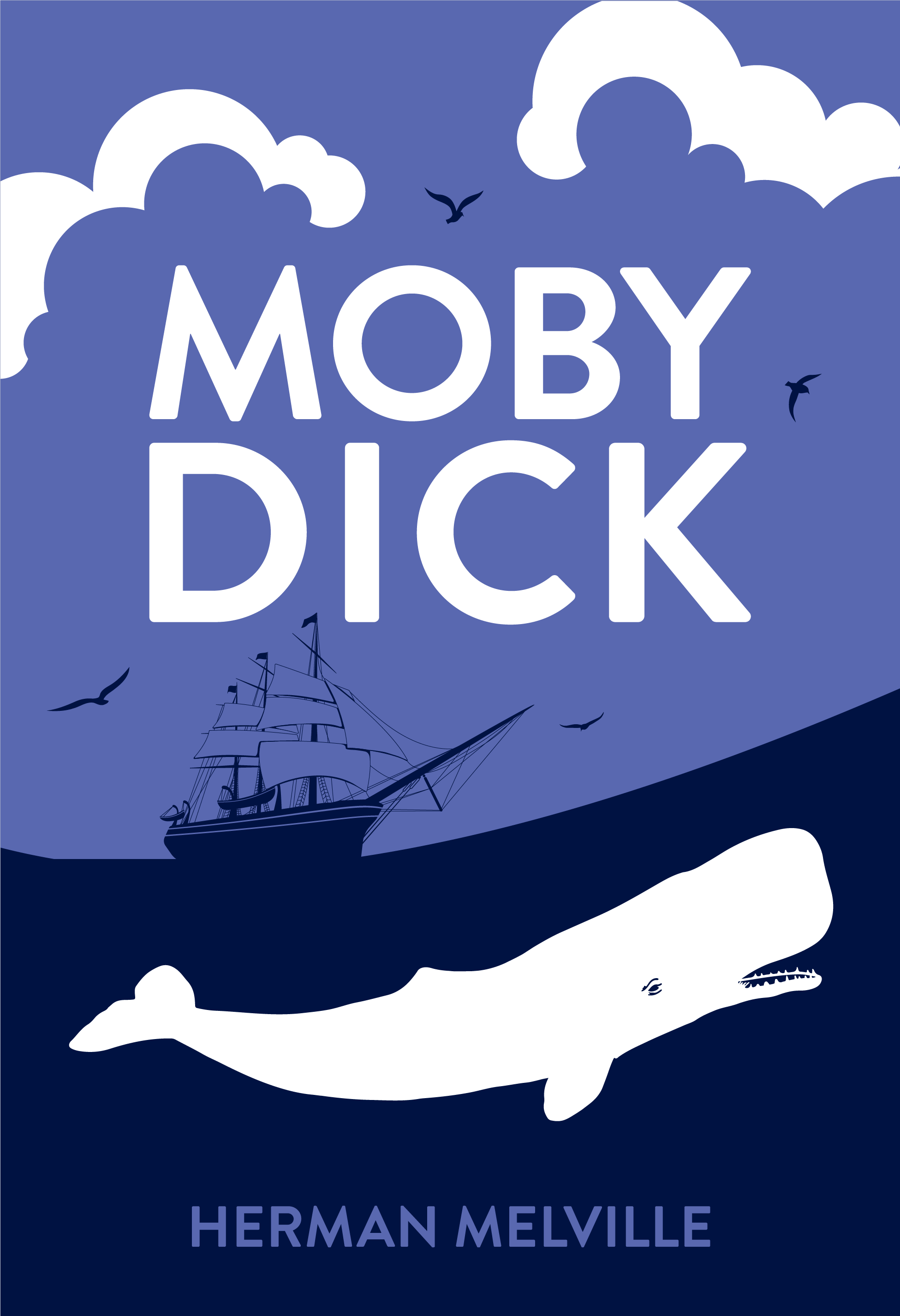 Blue poster showing seagulls and a ship, in the water a large white whale. MOBY DICK.