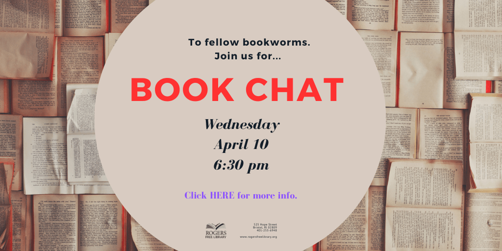 Image of many many open books. Text in a circle on top reads: To fellow book worms. Join us for BOOK CHAT, Wednesday, April 10 at 6:30 pm. Click here for more info