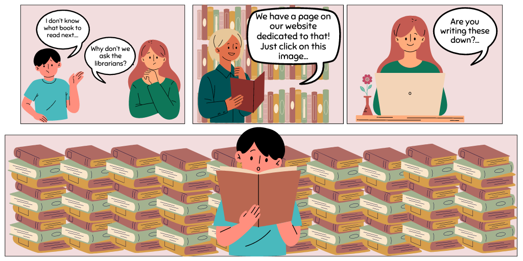 Comic strip with 4 panels. 1st panel: a boy asks a woman "I don't know what book to read next...", she responds "why don't we ask the librarians?". 2nd panel: a librarian says "we have a page on our website dedicated to that! Just click on this image...". 3rd panel: the woman is on the computer saying "Are you writing these down?". 4th panel: a boy is surrounded by stacks of books, reading one of them.
