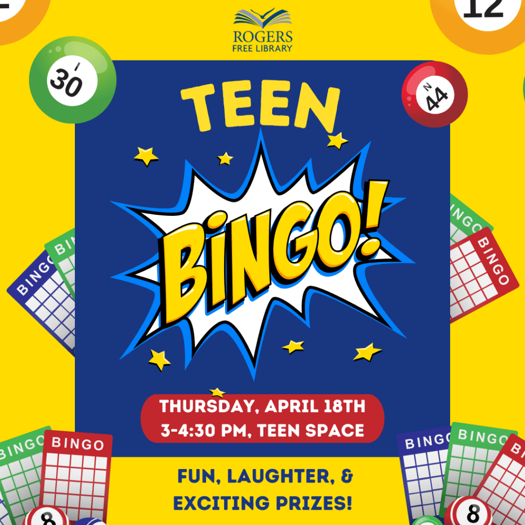 bingo numbers and boards hover around a blue box that say Teen Bingo. The word Bingo looks like a "BAM" comic book word.