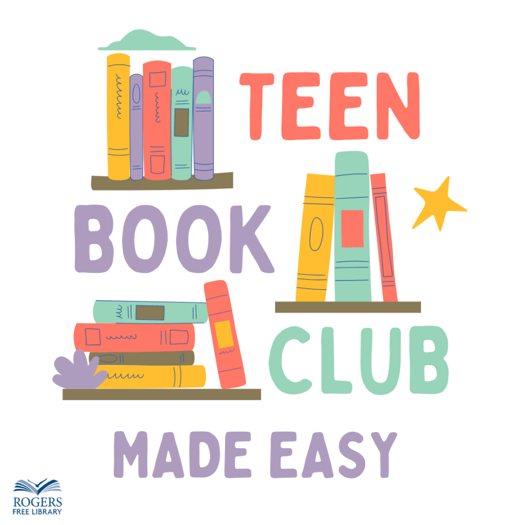 Floating Stacks of books with the words "Teen Book Club Made Easy" surrounding them. The RFL logo is on the bottom left.