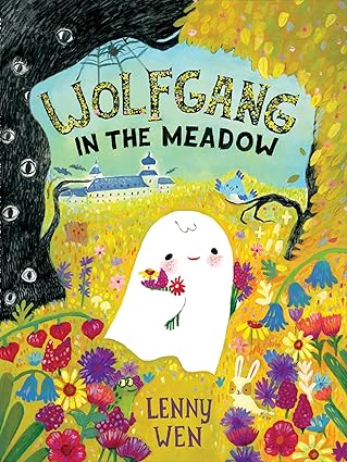 A smiling ghost is holding colorful flowers, floating through a lush green meadow with A black and green tree framing the scene.