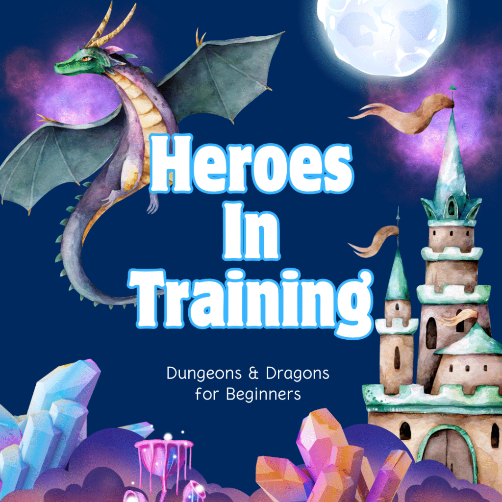 A green dragon flies over a castle and crystals, with a full moon shining in the background.