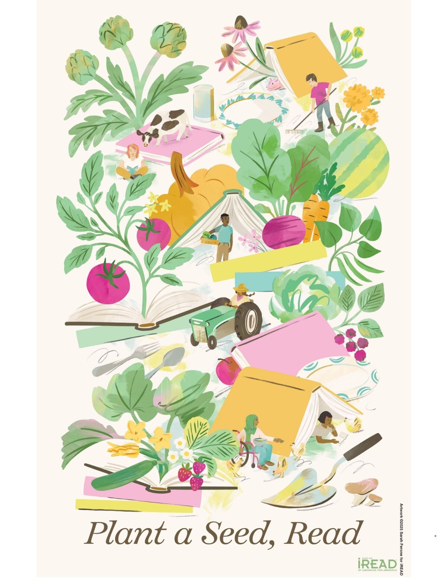 Colorful illustration featuring plants, books, and insects, featuring the text "Plant A Seed, Read."