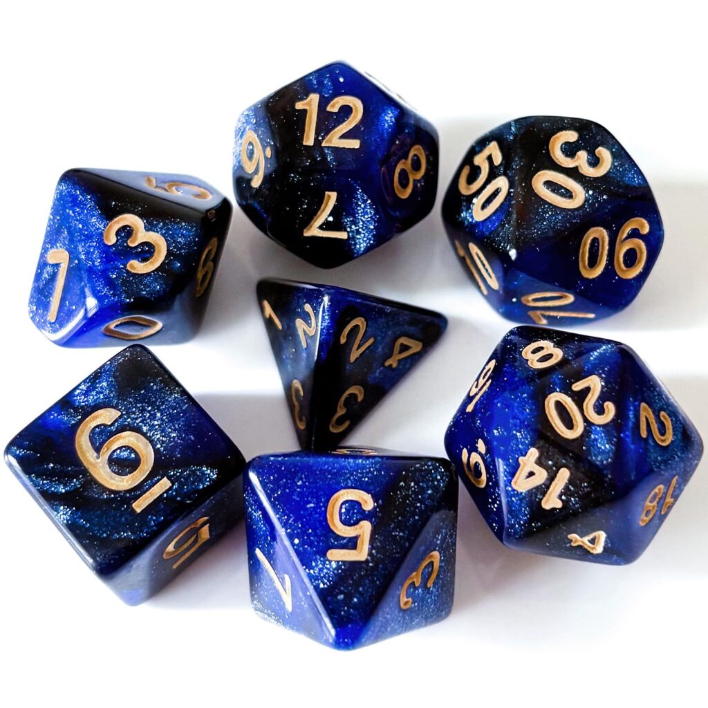 Blue dice with varying numbers of sides, used for D&D.