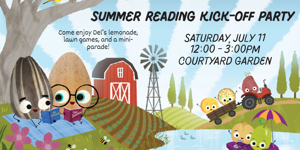 Two seeds sit next to each other on a hill reading under the words "Summer Reading KickOff Party". There is a time, date, and location, and brief description of activities.