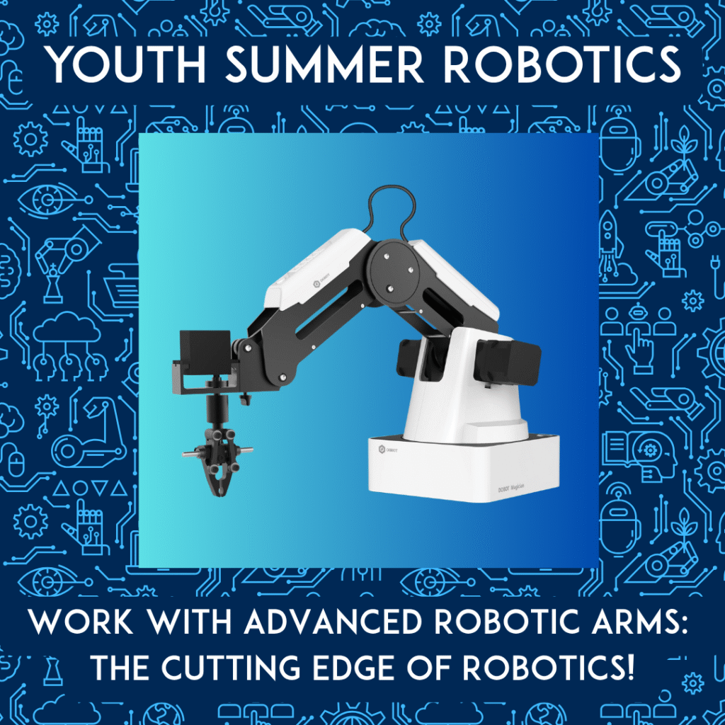 Picture of robotic arm, with robotics images in the background. Youth Summer Robotics: Work With Advanced Robotic Arms: The Cutting Edge of Robotics!