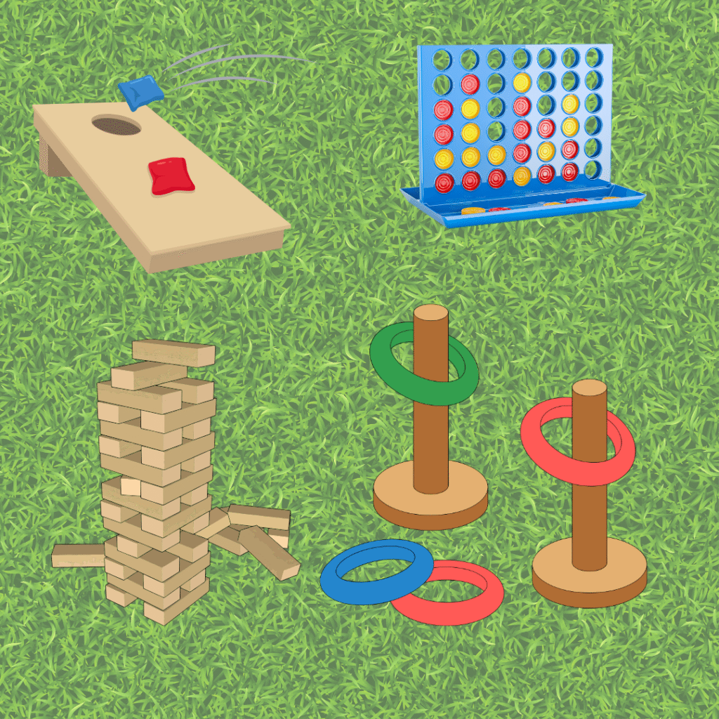 Lawn games on a grass backdrop.