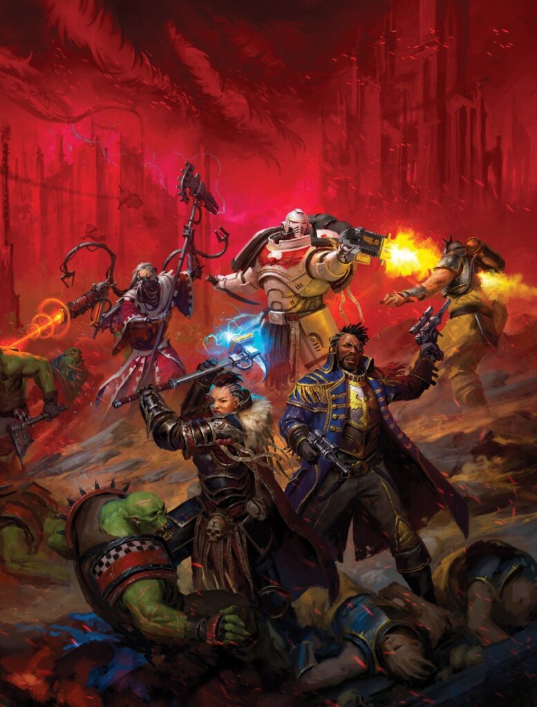 Cover art for the game Wrath and Glory, featuring various people dressed in high fantasy / sci-fi outfits fighting with glowing weapons and plasma guns.