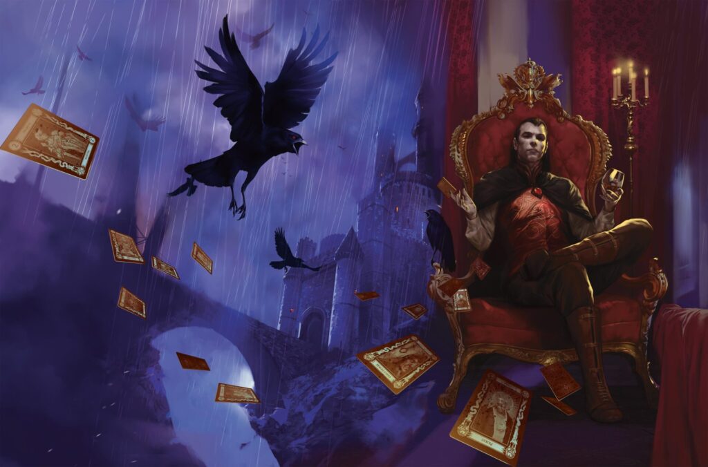 Official Curse of Strahd illustration, featuring ravens, playing cards, and a vampire sitting on a throne.