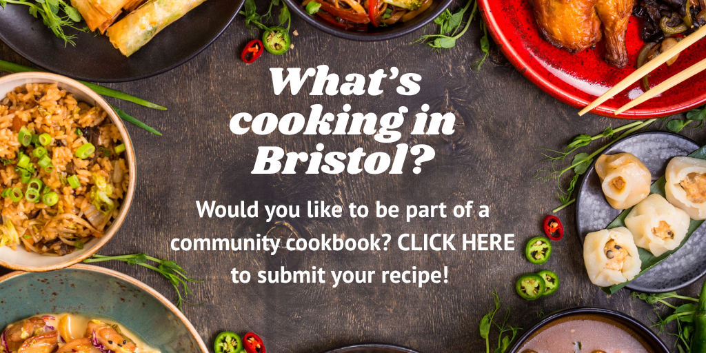 Vibrantly colored dishes surrounded the words "What's cooking in Bristol?" It says to "click here" if you would like to submit a recipe to be part of a community cookbook.