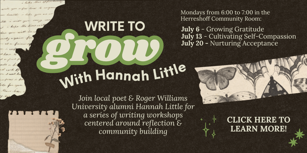 This is a web slider image detailing a program named "Write to Grow with Hannah Little". It lists program dates and a brief description, including a link to more information.